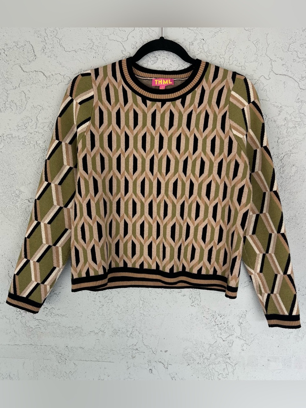 THML Anthropologie Geometric Patterned Crewneck Sweater Olive Green Tan Size XS